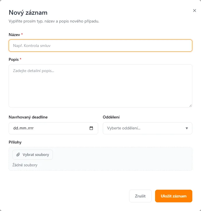 Formulář „Nový záznam“ s poli Název, Popis, Navrhovaný deadline, Oddělení a Přílohy.